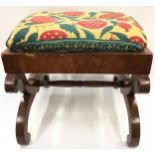 Antique mahogany footstool with floral patterned cushion 42x38x41cm.