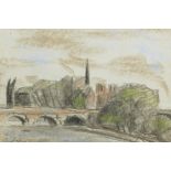 River landscape with stone bridge, signed Paul Maze, pastel drawing, 7½" x 10"