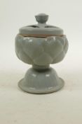 A Chinese celadon glazed pottery censer and cover in the form of a lotus flower, 5½" high