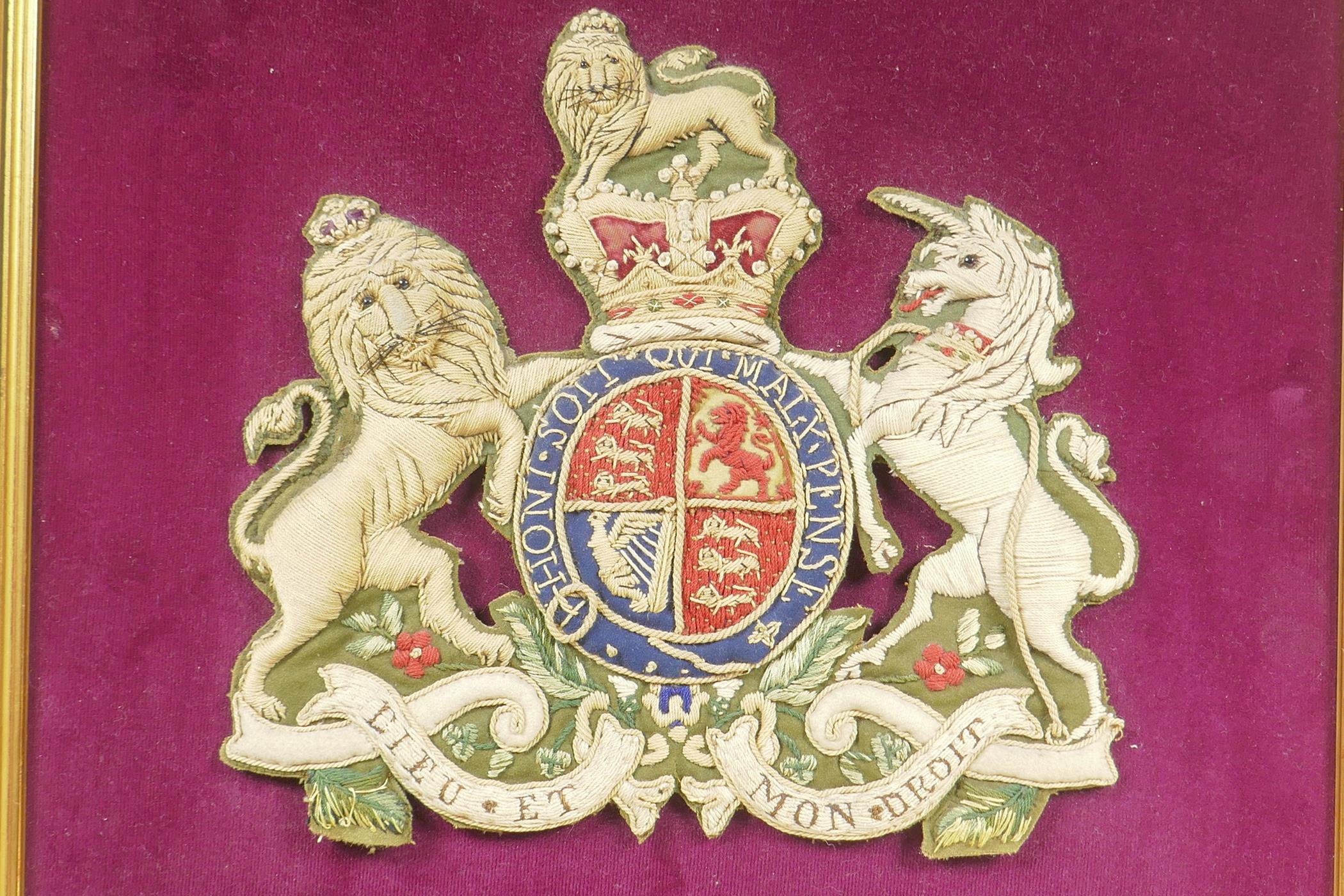 A stumpwork of the royal coat of arms, 15" square, together with a small quantity of military badges - Image 2 of 5