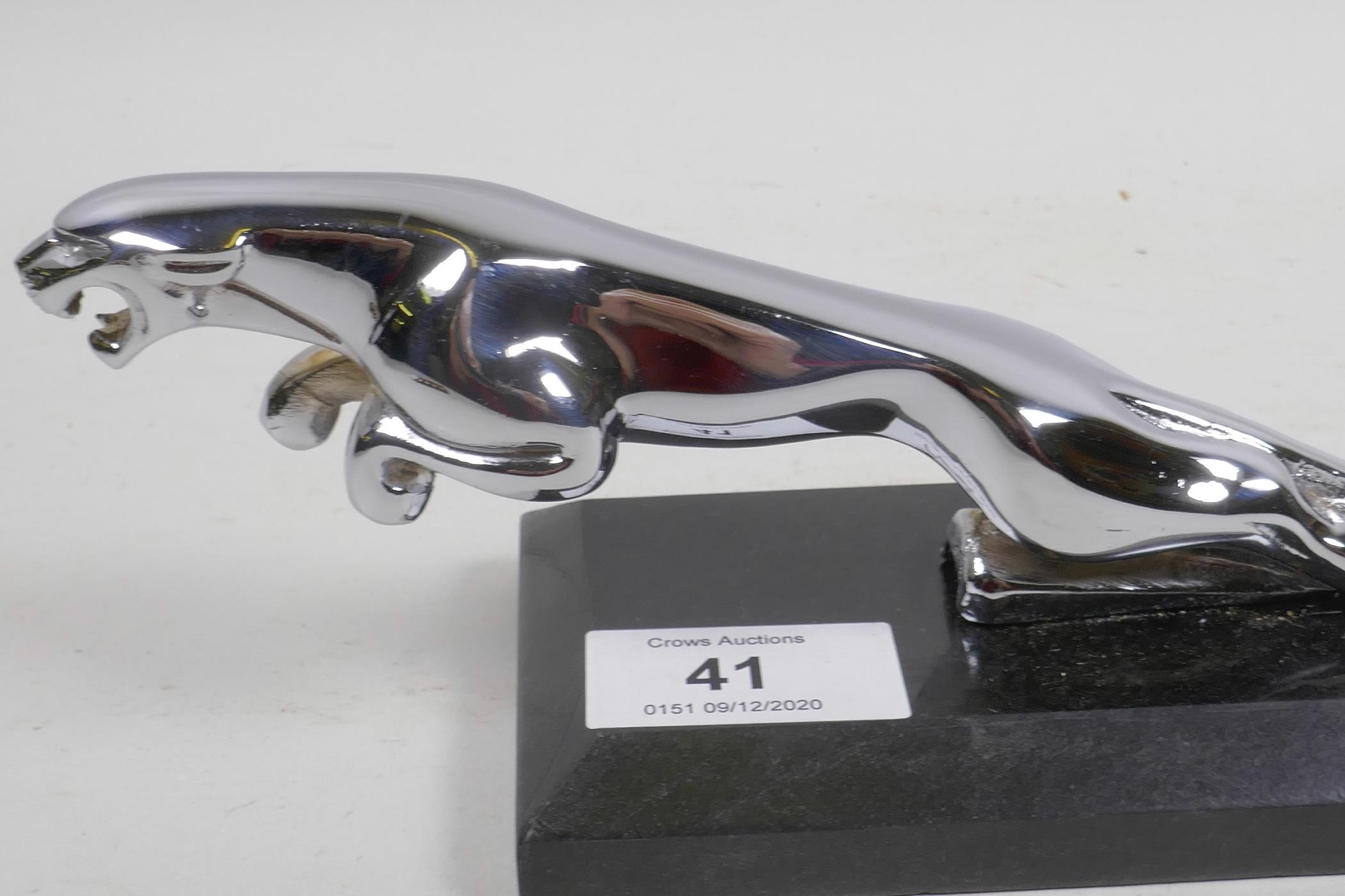 A chrome plated Jaguar car mascot mounted on a marble stand, 7½" long - Image 2 of 3