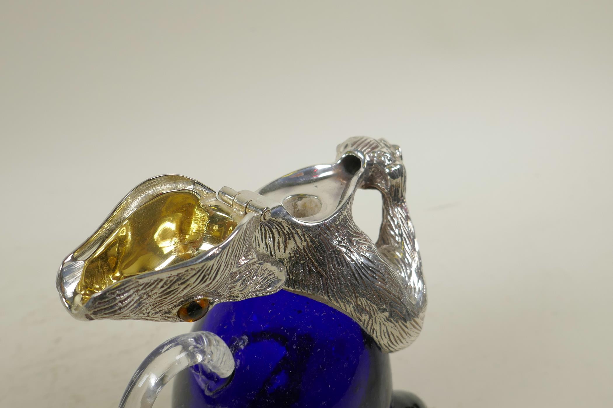 A silver plated and blue glass claret jug in the form of a squirrel, 7" high - Image 5 of 6