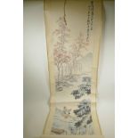 A Chinese watercolour scroll depicting figures in a river landscape, 14" x 43"