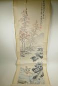 A Chinese watercolour scroll depicting figures in a river landscape, 14" x 43"