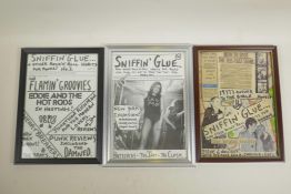 Three framed 'Sniffin Glue' zine covers, largest 9½" x 13"