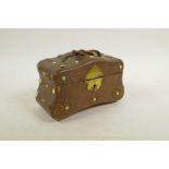 An early C20th leather jewellery casket with brass and mother of pearl detail, 7" wide