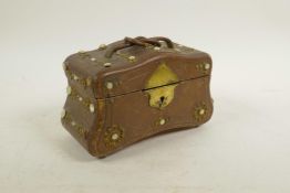 An early C20th leather jewellery casket with brass and mother of pearl detail, 7" wide