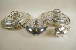 A pair of good quality silver plated oval serving tureens with chased and engraved decoration to