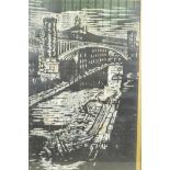 A lino cut drawing of an industrial canal scene titled verso 'Rochdale Canal Knott Mill Manchester',