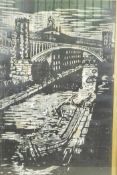 A lino cut drawing of an industrial canal scene titled verso 'Rochdale Canal Knott Mill Manchester',