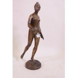 An antique brass figure of Diana the Huntress, after the antique, 24" high