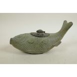 A Chinese bronze censer and cover in the form of a carp, 9" long