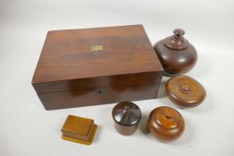 A C19th Cuban mahogany trinket box containing four turned treen boxes, and a small walnut stamp box