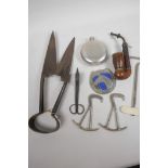 Various collector's items, a pair of early sheep shears, Swiss pipe, blacksmith made candle snuffer,