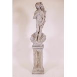 A concrete garden figure of Venus, mounted on a pedestal, 56" high