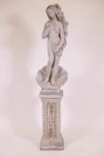 A concrete garden figure of Venus, mounted on a pedestal, 56" high