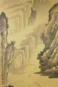 A Chinese monochrome watercolour on silk, depicting a river landscape with boats, together with a