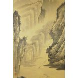 A Chinese monochrome watercolour on silk, depicting a river landscape with boats, together with a