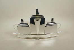 An Art Deco style three piece silver plated tea set, 15½" wide