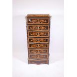 A French ormolu mounted inlaid ebony and tulipwood secretaire abbatant, with marble top and fall