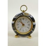 A brass and banded agate desk clock, 3" diameter