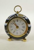 A brass and banded agate desk clock, 3" diameter