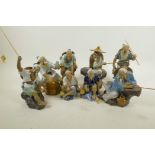 Eight Chinese, Shiwan style, mud men figures of fishermen, largest 8½" high