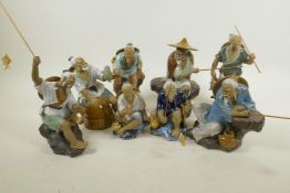 Eight Chinese, Shiwan style, mud men figures of fishermen, largest 8½" high