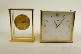 A 1970s brass and mahogany mantel clock money box, and another smaller mahogany desk clock, 5" x 5"