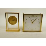 A 1970s brass and mahogany mantel clock money box, and another smaller mahogany desk clock, 5" x 5"