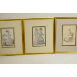 Three framed C19th hand coloured fashion engravings, 5" x 7½"