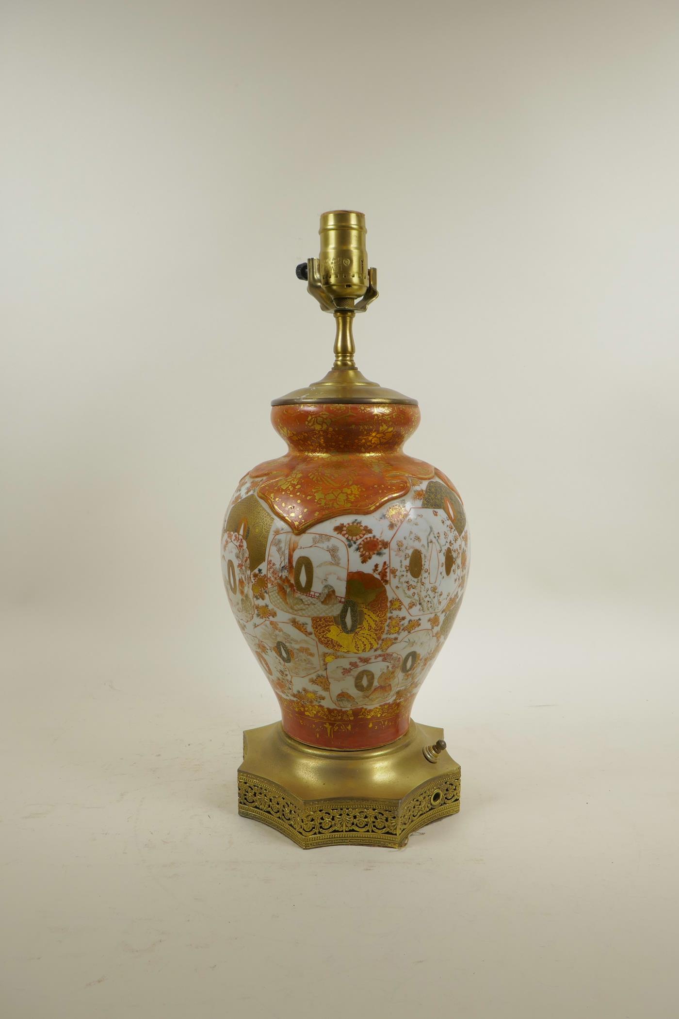 A Japanese Meiji Kutani porcelain vase with brass mounts, converted to a lamp, the body with tanto - Image 3 of 4