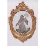 A C19th giltwood framed mirror, the glass painted and engraved with decoration depicting a Saint and