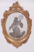 A C19th giltwood framed mirror, the glass painted and engraved with decoration depicting a Saint and