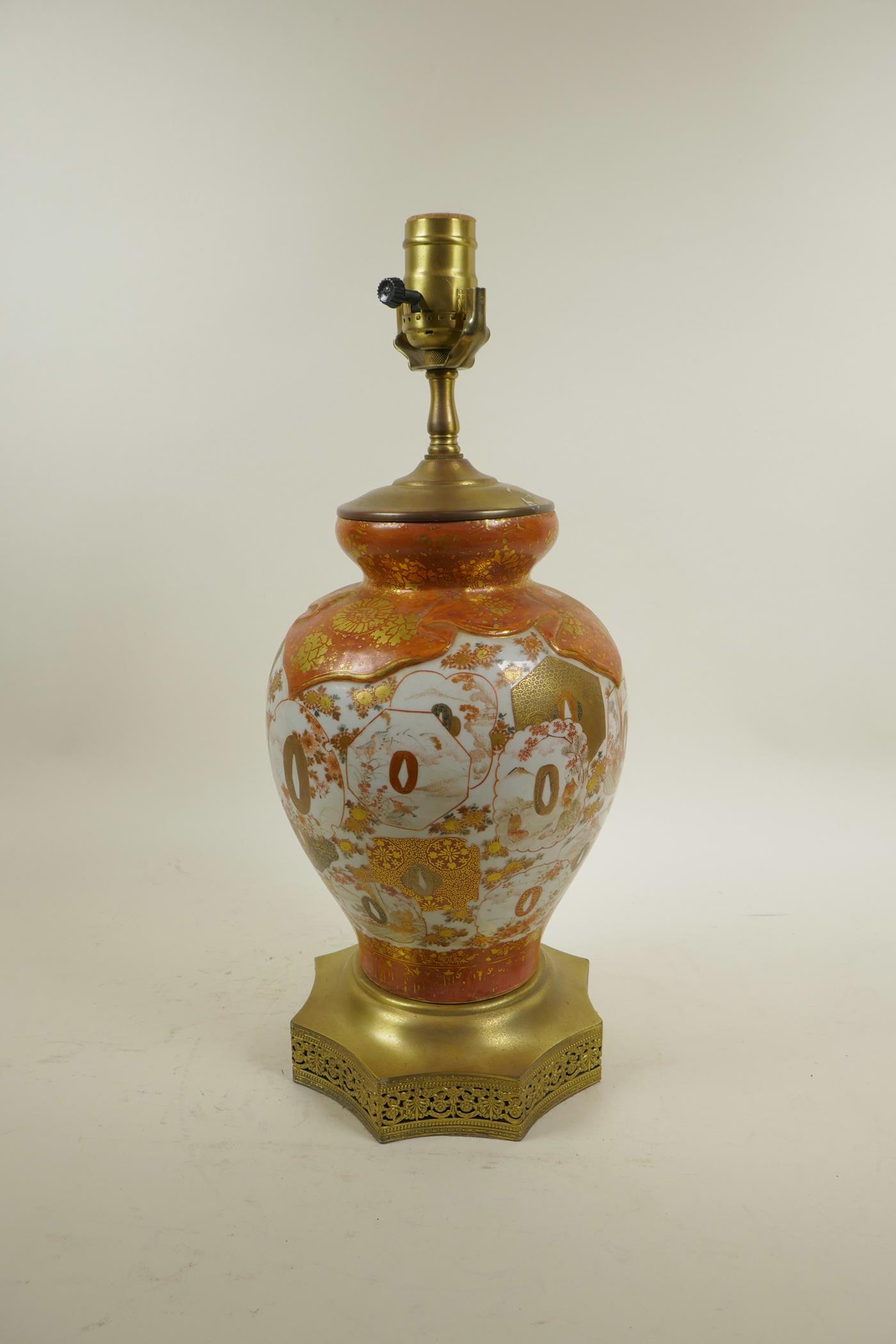 A Japanese Meiji Kutani porcelain vase with brass mounts, converted to a lamp, the body with tanto - Image 4 of 4