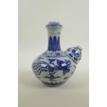 A Chinese Ming style blue and white porcelain hookah base with dragon and phoenix decoration, 4