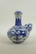 A Chinese Ming style blue and white porcelain hookah base with dragon and phoenix decoration, 4