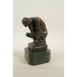 After Rodin, bronze of a squatting male nude, 6" high