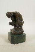 After Rodin, bronze of a squatting male nude, 6" high