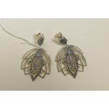 A pair of 925 silver and marcasite pendant earrings in the form of lotus flowers, 2" drop