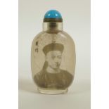 A Chinese reverse decorated glass snuff bottle depicting a portrait of a Chinese leader, character