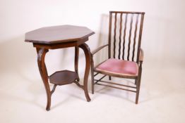 A C19th walnut hexagonal top occasional table on carved cabriole supports with undertier, 28½" high,