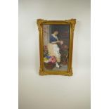 Portrait of a young lady selling flowers, in the manner of Eugene Von Blass, indistinctly signed (
