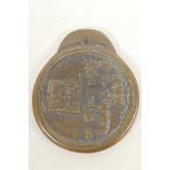 A heavy Chinese bronze medallion cast with calligraphy and seal mark, and running horses to the