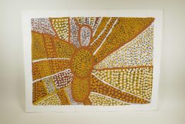 An unframed Aboriginal painting, signed and inscribed verso, 'Dance shark, skin group, mullet', also