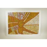 An unframed Aboriginal painting, signed and inscribed verso, 'Dance shark, skin group, mullet', also