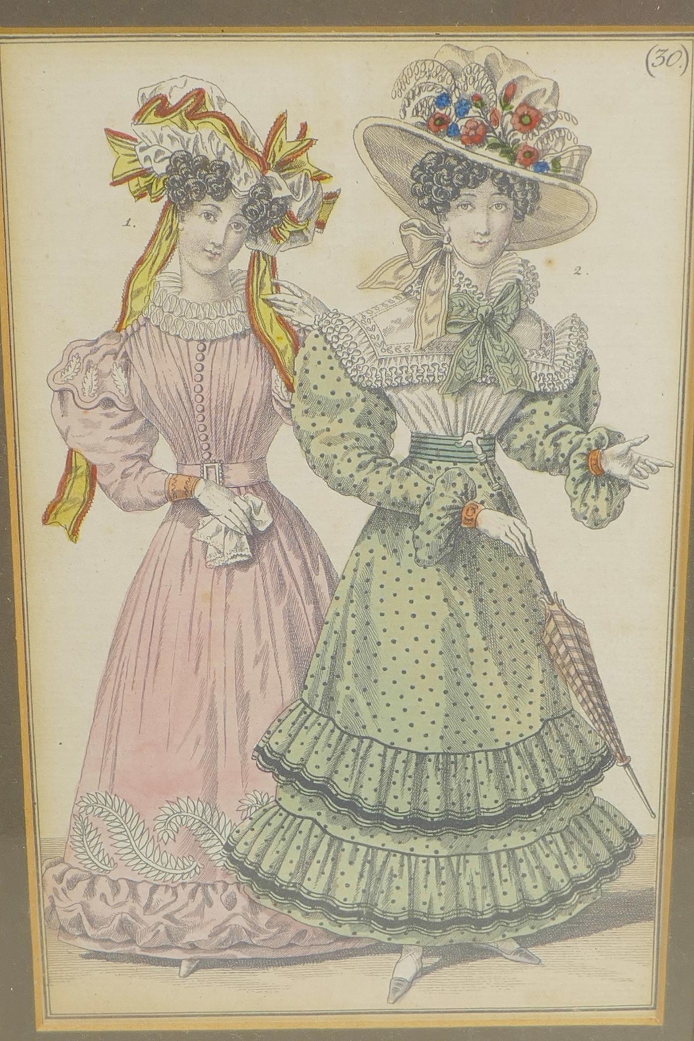 Three framed C19th hand coloured fashion engravings, 5" x 7½" - Image 3 of 4