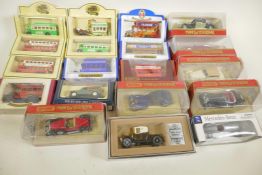 A collection of die cast model cars and buses including Matchbox Yesteryear, Oxford etc, 19 in total