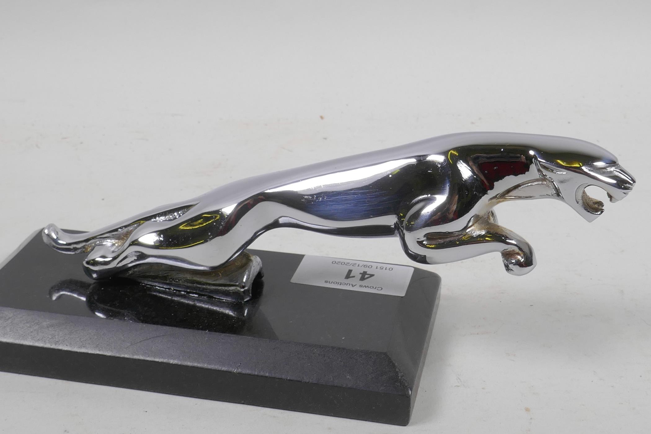 A chrome plated Jaguar car mascot mounted on a marble stand, 7½" long - Image 3 of 3