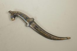 An Indo Persian bidri style dagger with a horse head handle, 10" long